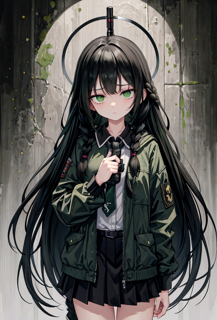 masterpiece, best quality, g2h, gun to head, handgun, holding gun, cowboy shot, 1girl, cold eyes, distant, blank stare, expressionless, empty eyes, no expression, apathetic, green eyes, very long tri braids, black hair