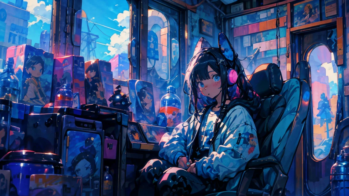 high resolution,High definition,high quality,Girl playing games,gaming computer,Erogeo Art Style, Arte Roffie, zero vibrations, Hip Hop Lofi,aesthetic, Lo-fi art, Lo-fi illustration style, zero, Portrait of Roffey, vibe zero, zero, Chill Hop, Anime Aesthetics,japanese style,large window,girl wearing headphones,sunset