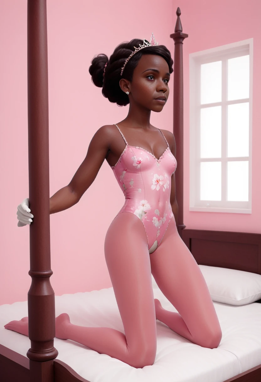 (xlsanaa, kenyan, dark skin, Style-Princess) (1 man, 1 woman) (hetero, couple) (crossdressing, fully clothed) (portrait) (women's clothes only) (women's beautifully feminine skintight velvet floral print frilly girly pink adorable ballet leotards) (white opaque tights, no shoes) (tiaras, pink shoulder-length silk gloves:1.3) (woman's bedroom, four-poster bed) (lying down, hugging, bending knee) (intimacy, playfulness, closeness)