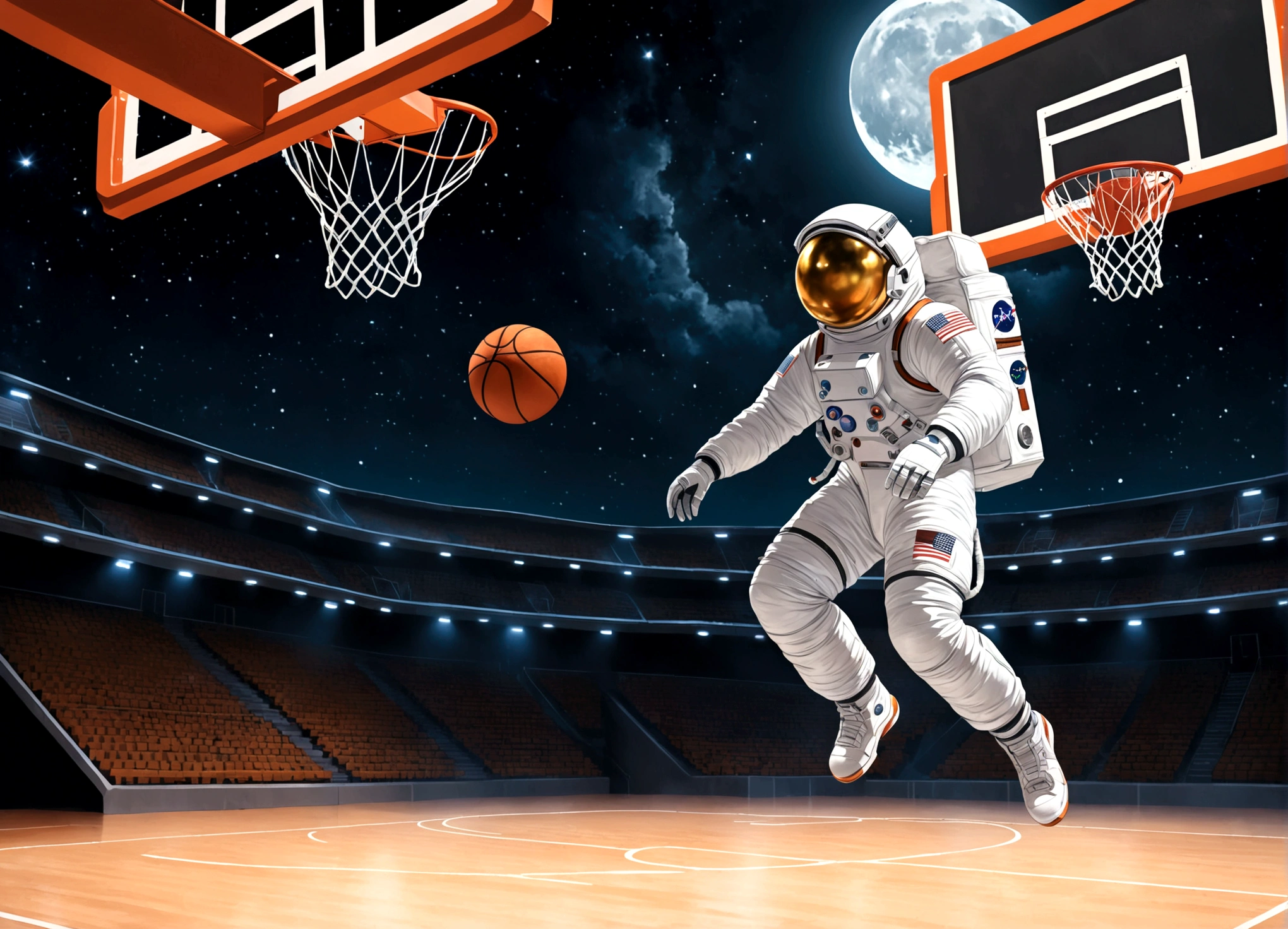 astronaut, Moon, basketball场, basketball, Space suit, Bright, Clarity, Rich in details, Science Fiction, basketball在空中飞翔, Moon表面纹理, Star bright, astronaut跳跃, basketball框, basketball场灯, night, moonlight, astronaut的笑容, Motion capture, Reality, Science Fiction Art