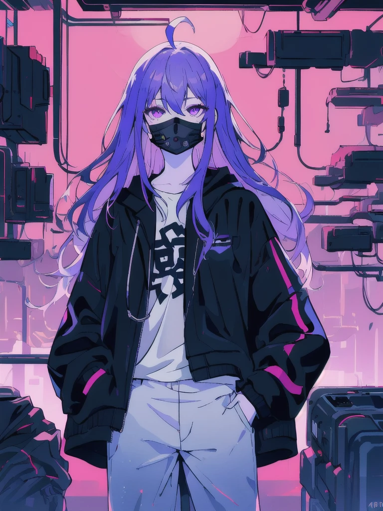 ((masterpiece)), (best quality), ((highres)), 4K, Detailed, (Ambient Light, Digital Art, Soft Lighting, extremely detailed 8K wallpaper:1.2), BREAK 1girl, solo, pale skin, violet eyes, violet hair, ahoge, (absurdly long hair:1.1), flat chest, cyberpunk scenery, black jacket, pants, shirt, night, hand in pocket, looking at viewer, hair between eyes, expressionless, rtx, neon light, black medical mask