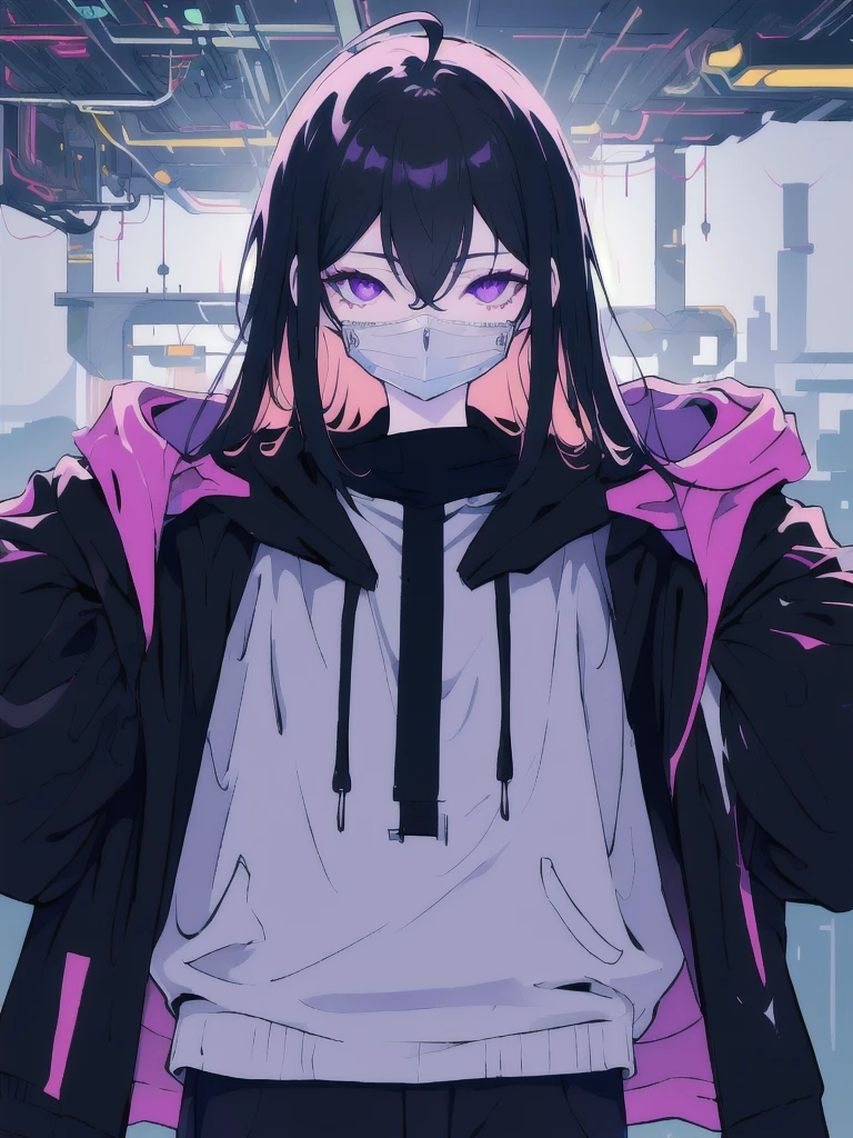 ((masterpiece)), (best quality), ((highres)), 4K, Detailed, (Ambient Light, Digital Art, Soft Lighting, extremely detailed 8K wallpaper:1.2), BREAK 1girl, solo, pale skin, violet eyes, violet hair, ahoge, (absurdly long hair:1.1), flat chest, cyberpunk scenery, black jacket, pants, shirt, night, hand in pocket, looking at viewer, hair between eyes, expressionless, rtx, neon light, black medical mask