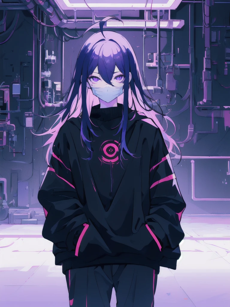 ((masterpiece)), (best quality), ((highres)), 4K, Detailed, (Ambient Light, Digital Art, Soft Lighting, extremely detailed 8K wallpaper:1.2), BREAK 1girl, solo, pale skin, violet eyes, violet hair, ahoge, (absurdly long hair:1.1), flat chest, cyberpunk scenery, black jacket, pants, shirt, night, hand in pocket, looking at viewer, hair between eyes, expressionless, rtx, neon light, black medical mask