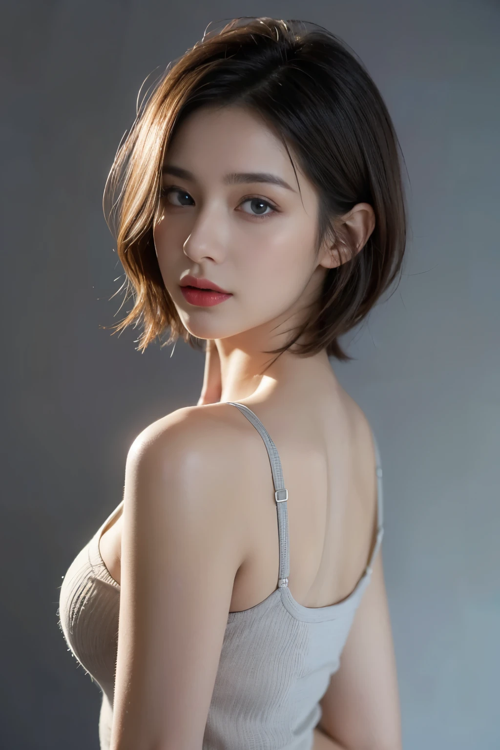 Skin Tight Top:1.2、look at the audience、cinematic lighting、perfection、soft light、High resolution skin:1.2、realistic skin texture、30 year old mature woman、small face、no makeup、off shoulder、Bust B Cup、exposed cleavage、red eyes、short hair、dark brown hair、full nude、cool pose、Sexy pose、gray background、