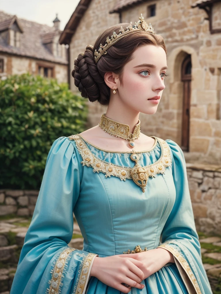 photo of beautiful (block_lillybell:0.99), a woman as a medieval princess, hair in updo, (upper body portrait), (wearing traditional long sleeved medieval dress:1.1), 85mm, (analog, cinematic, film grain:1.3), (medieval cozy village:1.1), ((detailed eyes)), (color picture:1.1), (looking at viewer)