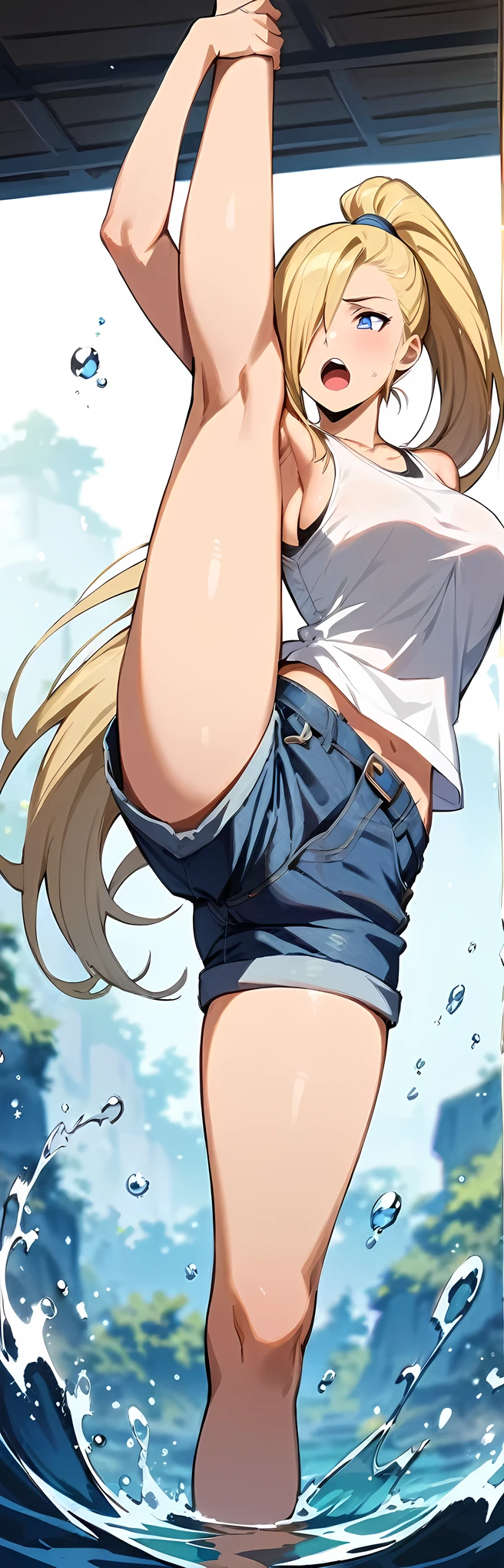 masterpiece, best quality, very aesthetic, absurdres, 1girl, solo,standing_split, White sleeveless tank top,blue denim shorts,yamanaka_ino, naruto_(series), naruto_shippuuden, blonde_hair, long_hair, high_ponytail, hair_over_one_eye, blue_eyes,large_breasts,,under sea,yawning,blur background,background defocus