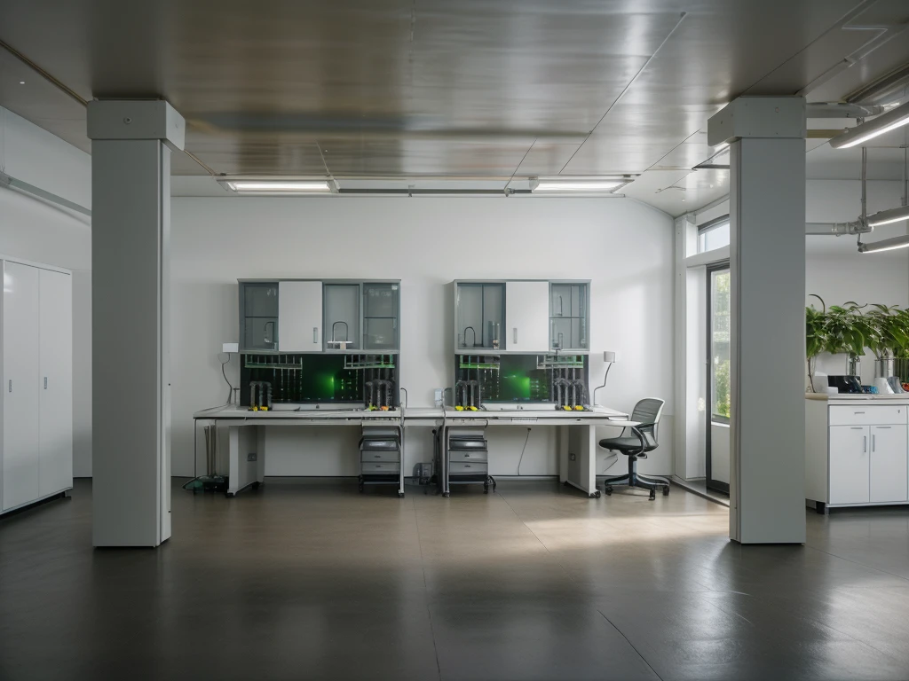 minimalist panoramic shot of a interior lab mixing technology and a subtle garden design, ultra realist, amazing design, Interior design, lab design, industrial design, photography, cinematic, Kinematic lighting, ecological colors, ecology laboratory, environmental technology, computers with AI and chemical simulation software, horizontal framing, a little futuristic, Artistic Image, artistic photography, 8K, detailed, highy detailed, ecological laboratory, science