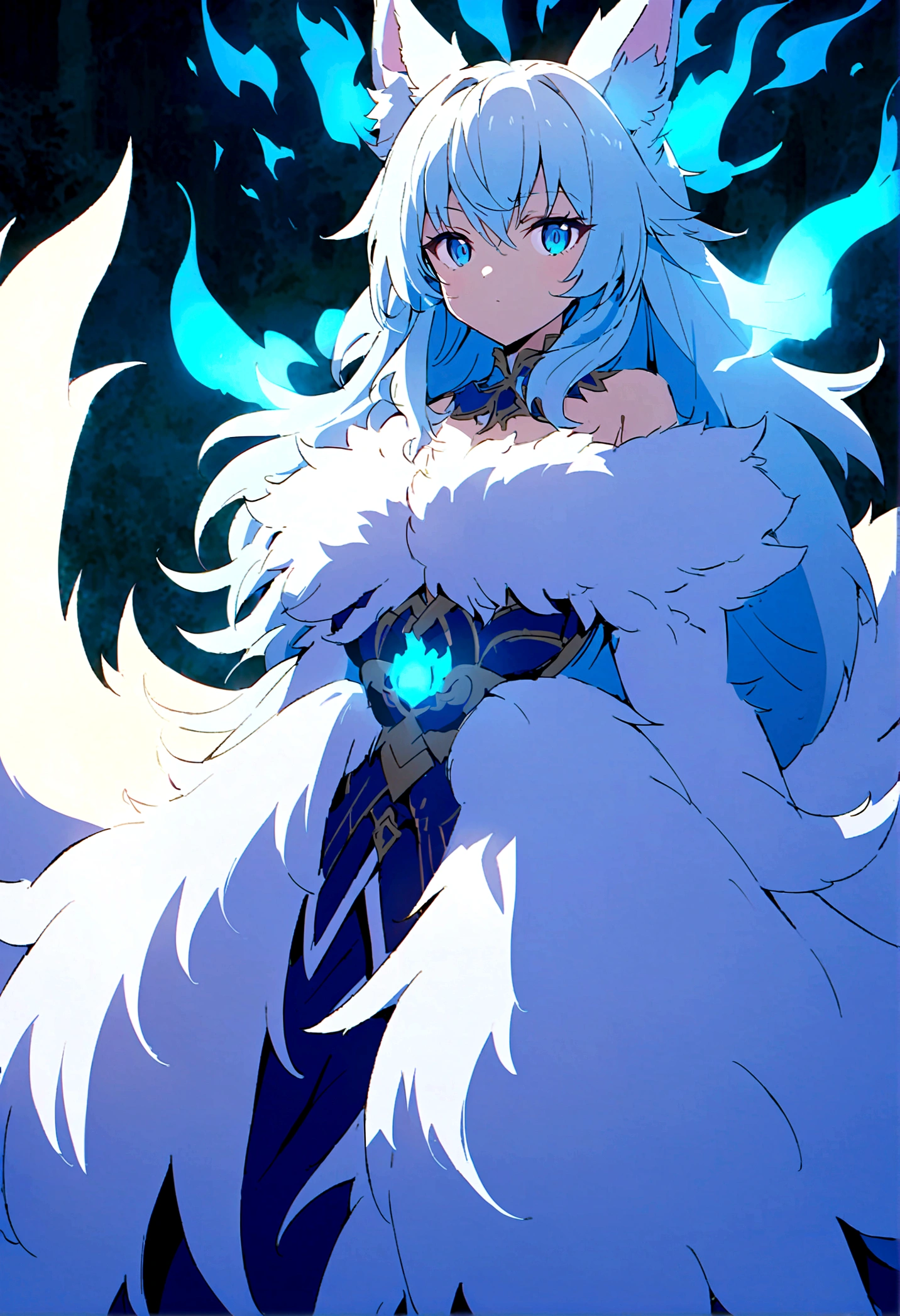 fox Light blue hair 　beast girl　indigo fur　fox beast girl　Anime Style　fox　blue　White-faced golden-haired nine-tailed fox　Coat blue　　　mysterious background　Blue Flame　girl　have a ball of light　fox Light blue hair 　beast girl　indigo fur　fox beast girl