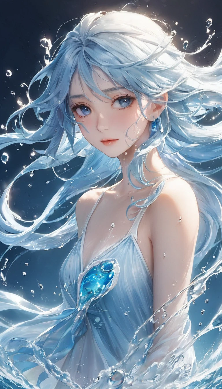 One girl, Female Water Spirit, Light blue hair, Internal spring water, Put a few drops of water on your skin,