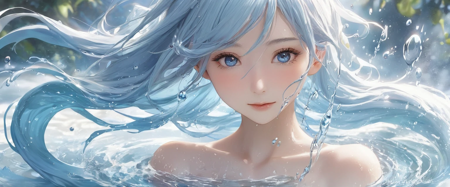One girl, Female Water Spirit, Light blue hair, Internal spring water, Put a few drops of water on your skin,