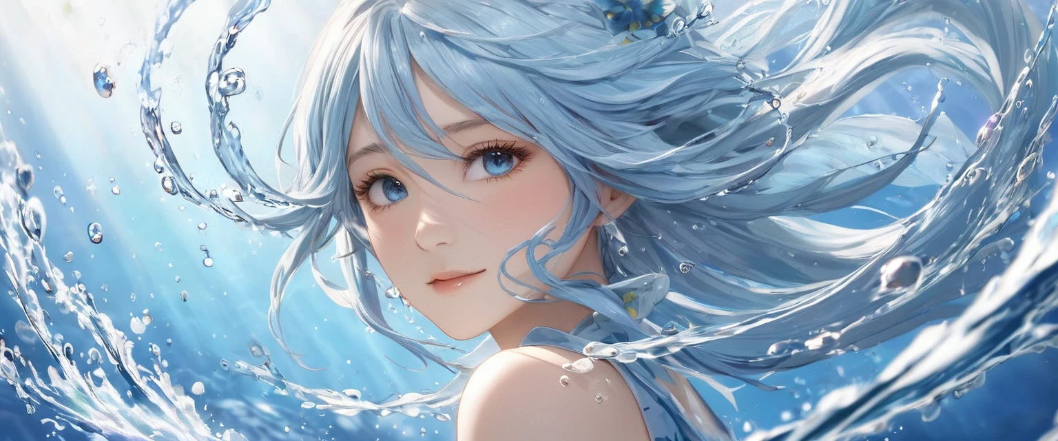 One girl, Female Water Spirit, Light blue hair, Internal spring water, Put a few drops of water on your skin,