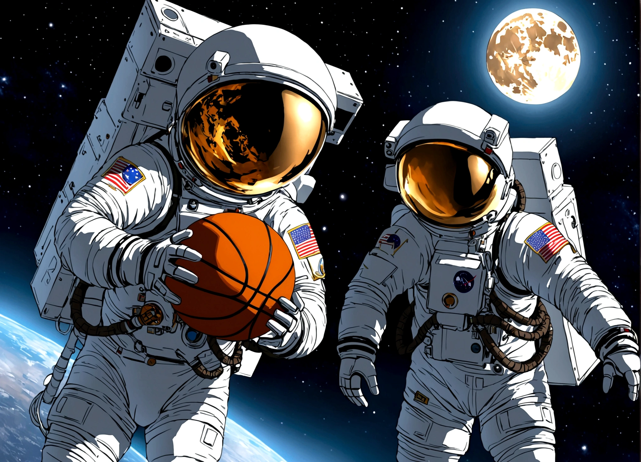 astronaut, Moon, basketball场, basketball, Space suit, Bright, Clarity, Rich in details, Science Fiction, basketball在空中飞翔, Moon表面纹理, Star bright, astronaut跳跃, basketball框, basketball场灯, night, moonlight, astronaut的笑容, Motion capture, Reality, Science Fiction Art