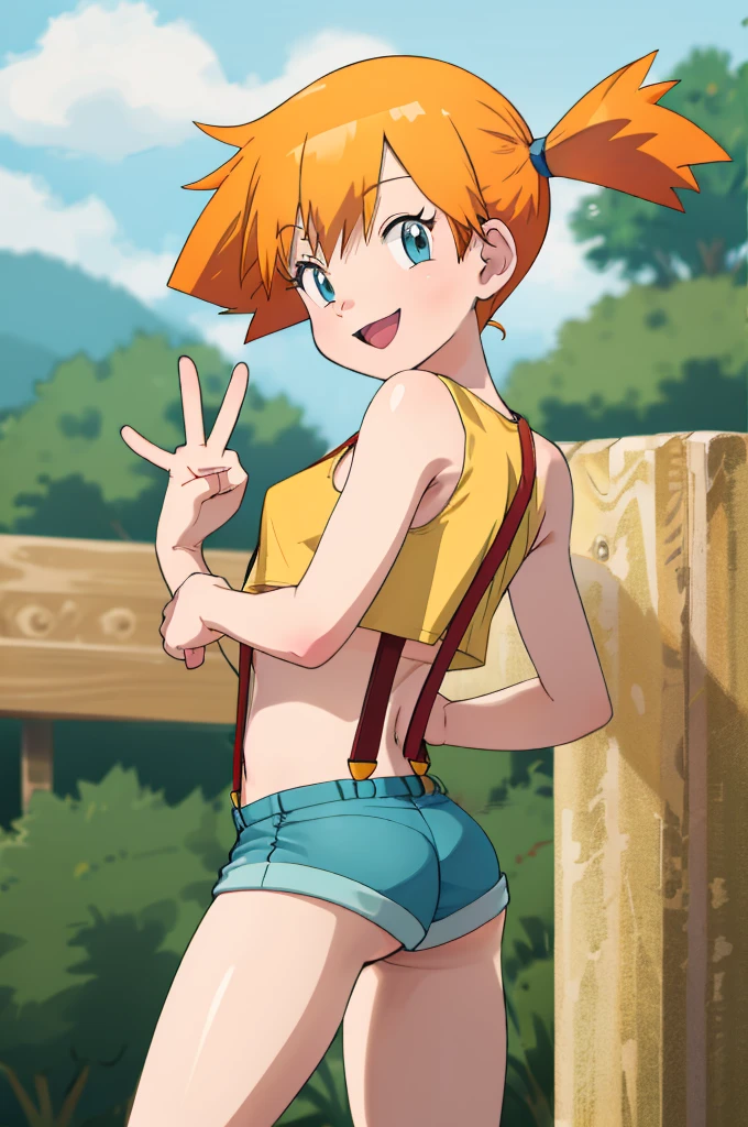 masterpiece, best quality, highres, 1girl, misty (pokemon), orange hair, solo, shorts, suspenders, side ponytail, orange hair, midriff, yellow crop top, navel, short hair, denim, denim shorts, smile, cowboy shot, standing, peace_sign, outdoors,(nsfw),ass,from back