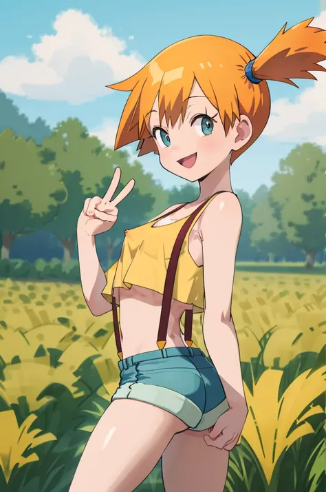 masterpiece, best quality, highres, 1girl, misty (pokemon), orange hair, solo, shorts, suspenders, side ponytail, orange hair, m...