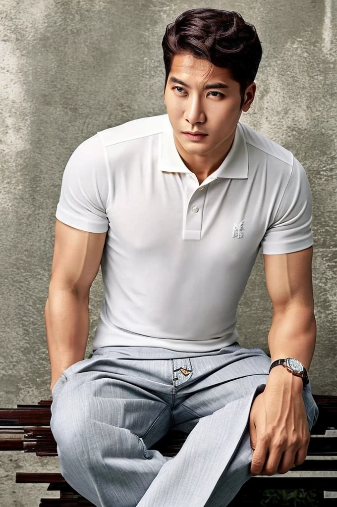 Thai man ,man，He is about 30 years old.，Rough and handsome appearance，Big muscleuscleหน้าอกขนาดใหญ่，(white polo shirt park:1.3)，Jeans ,Big waistline，chest hair，sitting on the roadside，Wearing the tongs，buzz cut, angry, sullen, best quality, Masterpiece，(outdoor background road :1.5)，（Have muscles：4.5），（fat：1.5），（gray hair：1.5 ），（gray body hair：1.5），（skin wrinkles：1.5），（shine on the skin：1.5），(best quality,High resolution,Masterpiece:1.2),The eyes are natural and delicate.,1 person,alone,gay asian,muscle,Long legs,brave,short hair details,conjunctivitis ,stalwart,brown eyes,in the bedroom,