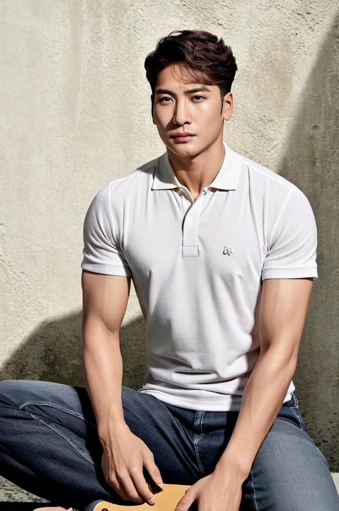 Thai man ,man，He is about 30 years old.，Rough and handsome appearance，Big muscleuscleหน้าอกขนาดใหญ่，(white polo shirt park:1.3)，Jeans ,Big waistline，chest hair，sitting on the roadside，Wearing the tongs，buzz cut, angry, sullen, best quality, Masterpiece，(outdoor background road :1.5)，（Have muscles：4.5），（fat：1.5），（gray hair：1.5 ），（gray body hair：1.5），（skin wrinkles：1.5），（shine on the skin：1.5），(best quality,High resolution,Masterpiece:1.2),The eyes are natural and delicate.,1 person,alone,gay asian,muscle,Long legs,brave,short hair details,conjunctivitis ,stalwart,brown eyes,in the bedroom,