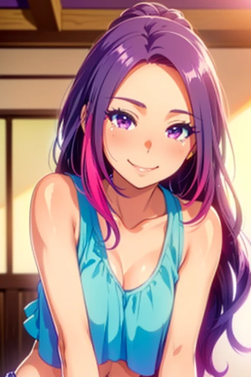 (seira sodeshiro) (highest quality) (very sensual, positive energy) (((solo lady))) (delicate face) (two-toned hair) (long disheveled hair) ((tanned skin)) (penetrating look) ((extremely pretty)) (she is close to you)) ((teasing you with her hair)) ((your pov)) ((lively colours)) ((loveliest date)) ((softly smiling))
