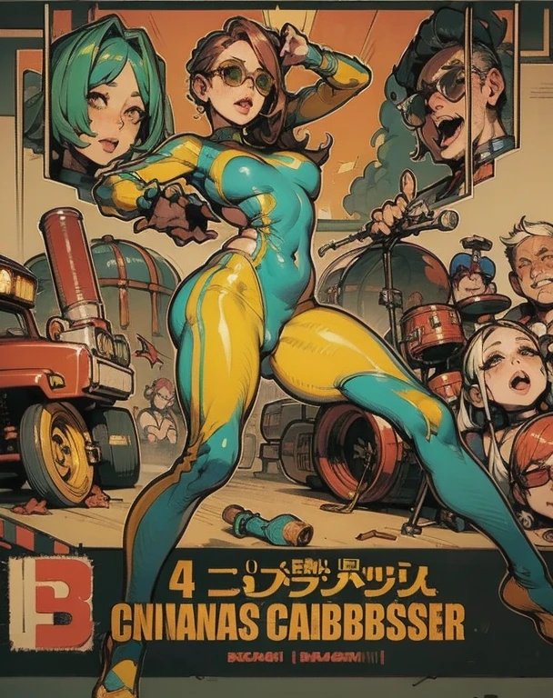 Black workwear jumpsuit、A woman wearing a costume covered with patches, cyber punk, Mosh Pit, (Highest quality,4K,8K,High resolution,masterpiece:1.2),Live Stage、Chinese style world view、Large sunglasses,Punkish hairstyle、Full body portrait、dynamic dancing
