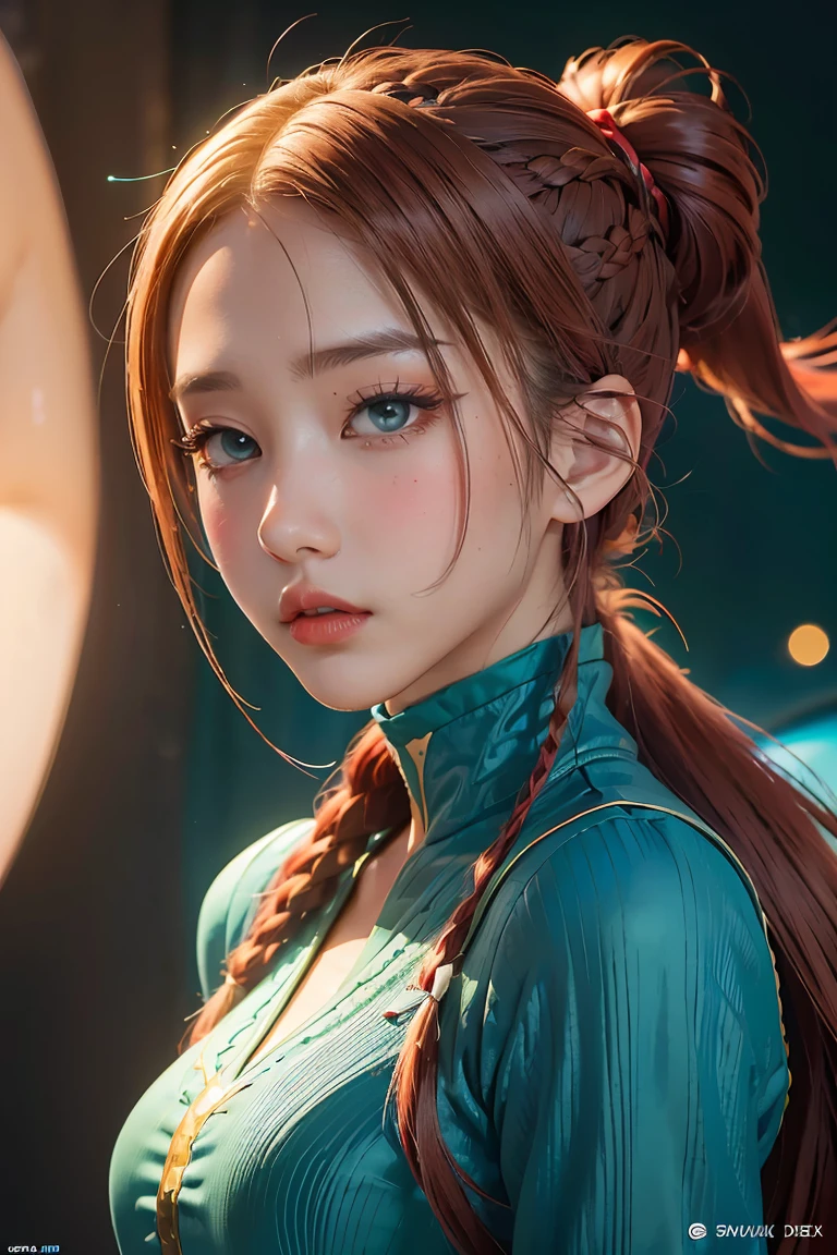 anime, hda, a close up of a woman with ((red braided low ponytail hair)) and (((the most beautiful green eyes))) in (((blue outfit))), (((determined)), 8k, Unreal Engine 5, octane render, by kyun, gamang, Yoon Gon-Ji, g.ho, gosonjak, shuroop, serious, domi, noah, trending on pixiv, fanbox, skeb, masterpiece, detailed face, smooth soft skin, big dreamy eyes, beautiful intricate colored hair, symmetrical, anime wide eyes, soft lighting, concept art, digital painting, 