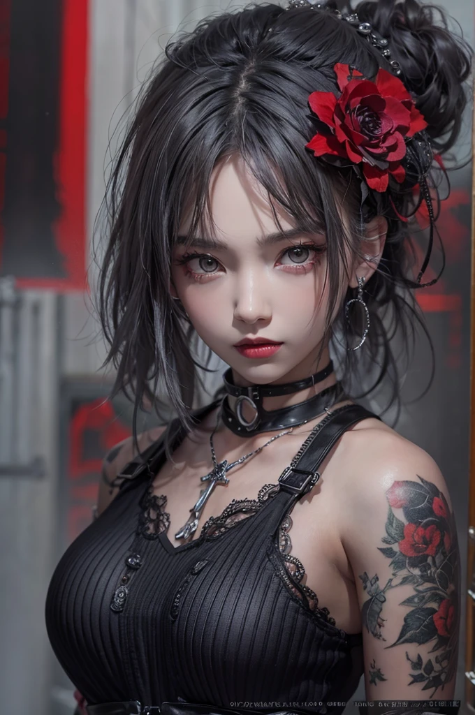 Highest quality、、masterpiece:1.3、Gothic Punk、The inner is red、Gray Black Hair、hair ornaments、beautiful girl、creative、Punk Shirt、Neogoth、Goth Fashion:1.2、High resolution、masterpiece、Highest quality、頭w:1.3、((Hasselblad Photos))、Fine skin、Sharp focus、(Cinema Lighting)、Explore Tokyo'The city at night beyond the neon lights, Forehead open, 17 years old、Petting'Hair back、Shoulder Bare、Small red rose tattoo on the décolletage、Just one tattoo