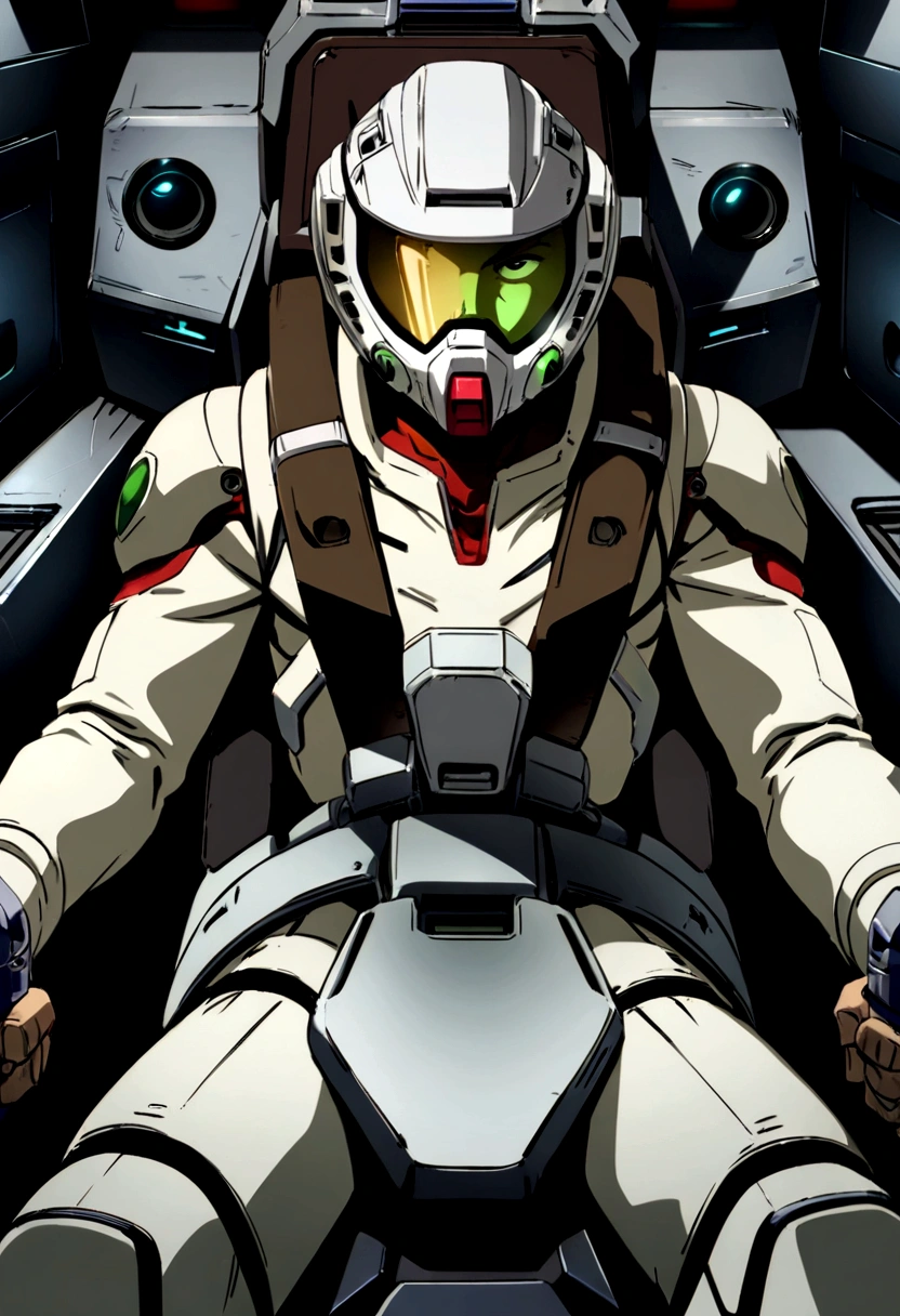 Amuro Ray piloting in the cockpit of his Gundam, gundamwingcockpit, (extremely detailed, best quality, extremely detailed CG, masterpiece:1.3), Transparent green face guard on white full-face helmet, one vertical red line in the center of the white space suit, One vertical red line in the center of the helmet, 1 boy, Boy piloting in the cockpit, Each hand holds a lever on either side of the body, thrust lever, Green 6-point seat belt, The boy's expression is serious as he peers through the face guard of his helmet,