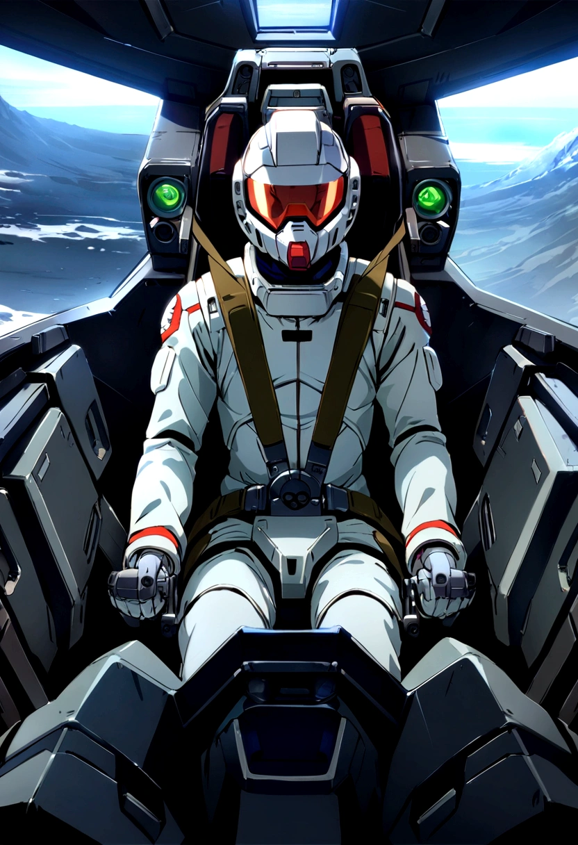 Amuro Ray piloting in the cockpit of his Gundam, gundamwingcockpit, (extremely detailed, best quality, extremely detailed CG, masterpiece:1.3), Transparent green face guard on white full-face helmet, one vertical red line in the center of the white space suit, One vertical red line in the center of the helmet, 1 boy, Boy piloting in the cockpit, Each hand holds a lever on either side of the body, thrust lever, Green 6-point seat belt, The boy's expression is serious as he peers through the face guard of his helmet,