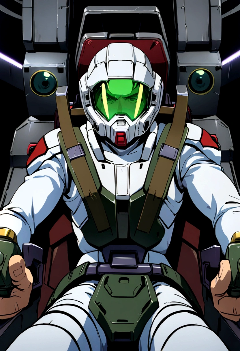 Amuro Ray piloting in the cockpit of his Gundam, gundamwingcockpit, (extremely detailed, best quality, extremely detailed CG, masterpiece:1.3), Transparent green face guard on white full-face helmet, one vertical red line in the center of the white space suit, One vertical red line in the center of the helmet, 1 boy, Boy piloting in the cockpit, Each hand holds a lever on either side of the body, thrust lever, Green 6-point seat belt, The boy's expression is serious as he peers through the face guard of his helmet,