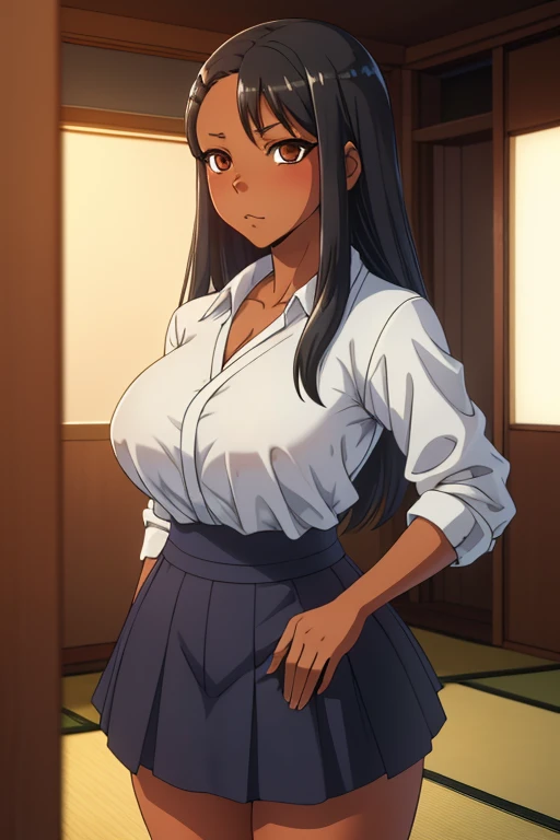 ((ultra quality)), ((masterpiece)), Hayase Nagatoro, (black medium long hair)), (fine face), (beautiful female lips), (), charming, ((sexy facial expression)), looks at the camera, (dark skin color), (dark skin), glare on the body, ((Detailed eyes)), ((Brown eyes)), (juicy female lips), (dark eyeliner), (beautiful female hands), ((ideal female figure)), chubby female , beautiful waist, enormous massive gigantic breasts, ((subtle and beautiful)), A seductive stance (), (wearing a white shirt, dark blue skirt) background: Japanese apartment, ((depth of field)), ((high quality clear image)), (clear details), ((high detail)), realistically, professional photo session, ((Clear Focus))