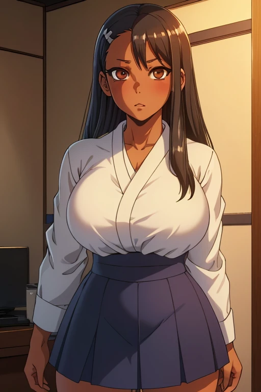 ((ultra quality)), ((masterpiece)), Hayase Nagatoro, (black medium long hair)), (fine face), (beautiful female lips), (), charming, ((sexy facial expression)), looks at the camera, (dark skin color), (dark skin), glare on the body, ((Detailed eyes)), ((Brown eyes)), (juicy female lips), (dark eyeliner), (beautiful female hands), ((ideal female figure)), chubby female , beautiful waist, enormous massive gigantic breasts, ((subtle and beautiful)), A seductive stance (), (wearing a white shirt, dark blue skirt) background: Japanese apartment, ((depth of field)), ((high quality clear image)), (clear details), ((high detail)), realistically, professional photo session, ((Clear Focus))