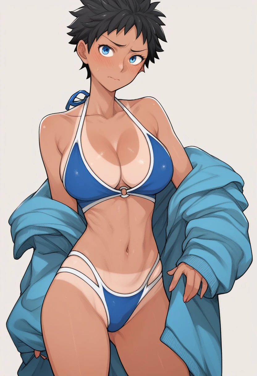 terasu_mc, score_9, score_8_up, score_7_up, score_6_up, score_5_up, score_4_up, hentai , terasu_mc, best quality, 1girl, solo, black hair, short hair, blue eyes, boyish, tanned skin, big breasts, embarrassed_female, swimsuit, standing, from front