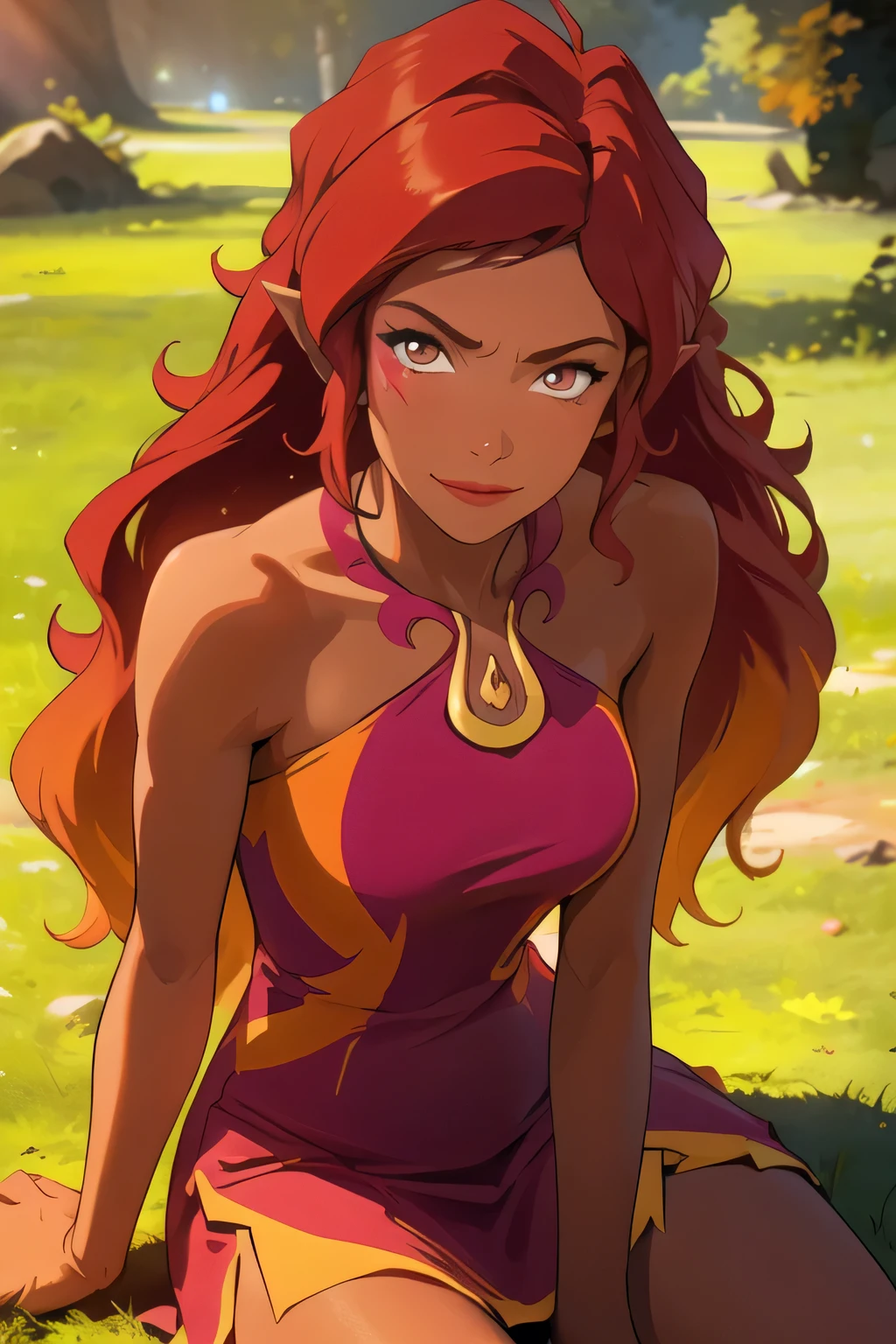 (AzariFiredancer), (dark skin, red hair, brown eyes), red to orange gradient hair, (realistic:1.2), (masterpiece:1.2), sexy, athletic body, sitting in grass, medium breasts , neon lighting, dark romantic lighting, (highly detailed:1.2),(detailed face:1.2), (gradients), colorful, detailed eyes, smirking, (detailed landscape:1.2), (natural lighting:1.2), solo, 1girl,  short skirt, slit skirt, hip