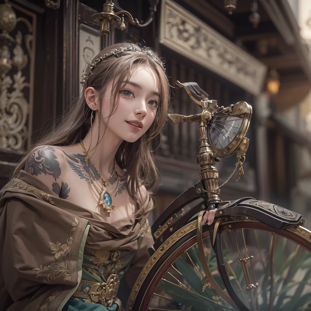 Ride an Antique Bicycle on Baker Street 、Hair flow、 ((Highest quality、masterpiece、8K、Best image quality、Ultra-high resolution、Award-winning works)、(Accurate anatomy:1.1)、(Look at me and smile:1.1)、Shining fair skin with Ultra-high resolution、The most detailed face、Ultra-high resolution detailed face、Ultra-high resolutionの髪の毛、(Ultra-high resolutionの煌めく瞳:1.1)、Beautiful face drawn in every detail、(Blurred Background:1.1)、Ancient Islamic clothing, Chest to chest, tattoo,