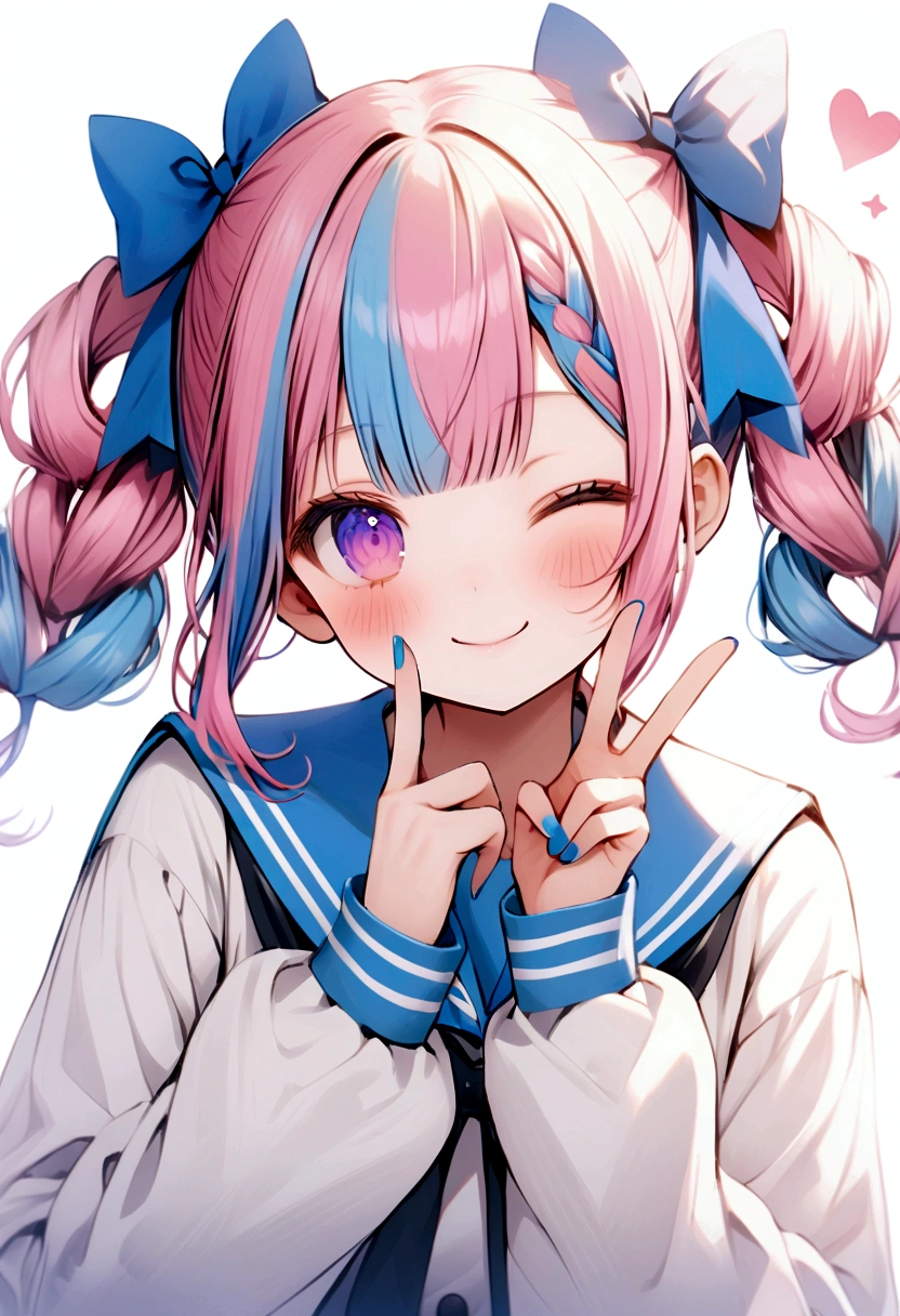 face covered in paint、face covered in color、blush、Pink twin tails up to the neck、hair is bushy、White skin with pink blush、smile,Large transparent red eyes,tied with a fresh ribbon、cute cheerleading clothes、Navel chiller、14 year old girl、character