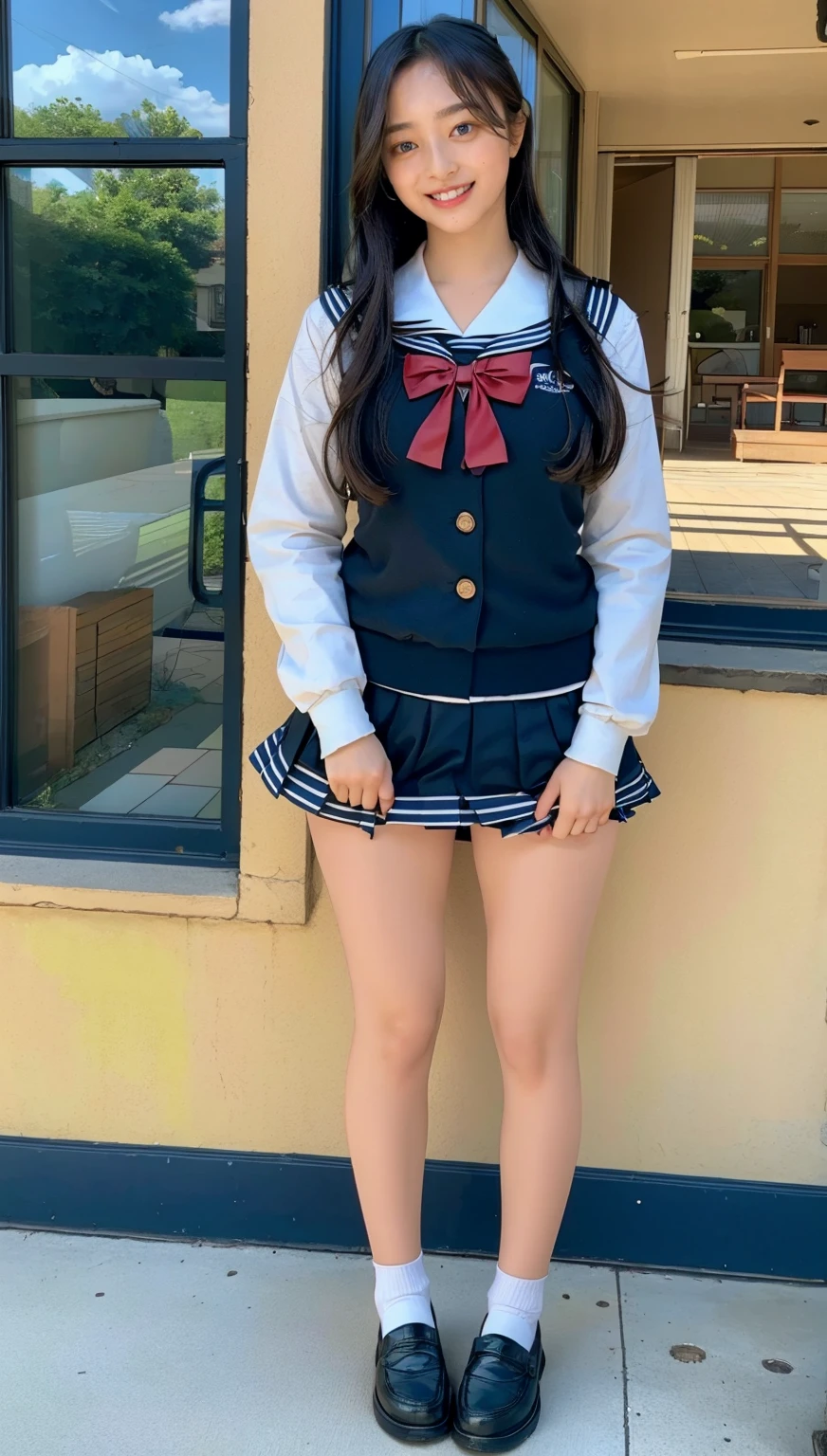 ((highest quality、8k、masterpiece:1.3)),((((fullbody shot)))),Ultra-high resolution,big eyes,Japanese,forehead,bangs,(a girl),(1 girl),((20 years old)),((facing at viewer)),(long hair),(((black sailor uniform))),(grin),((standing)),(loafers),(pleated mini skirt),(((pussy))),((skirt lift))