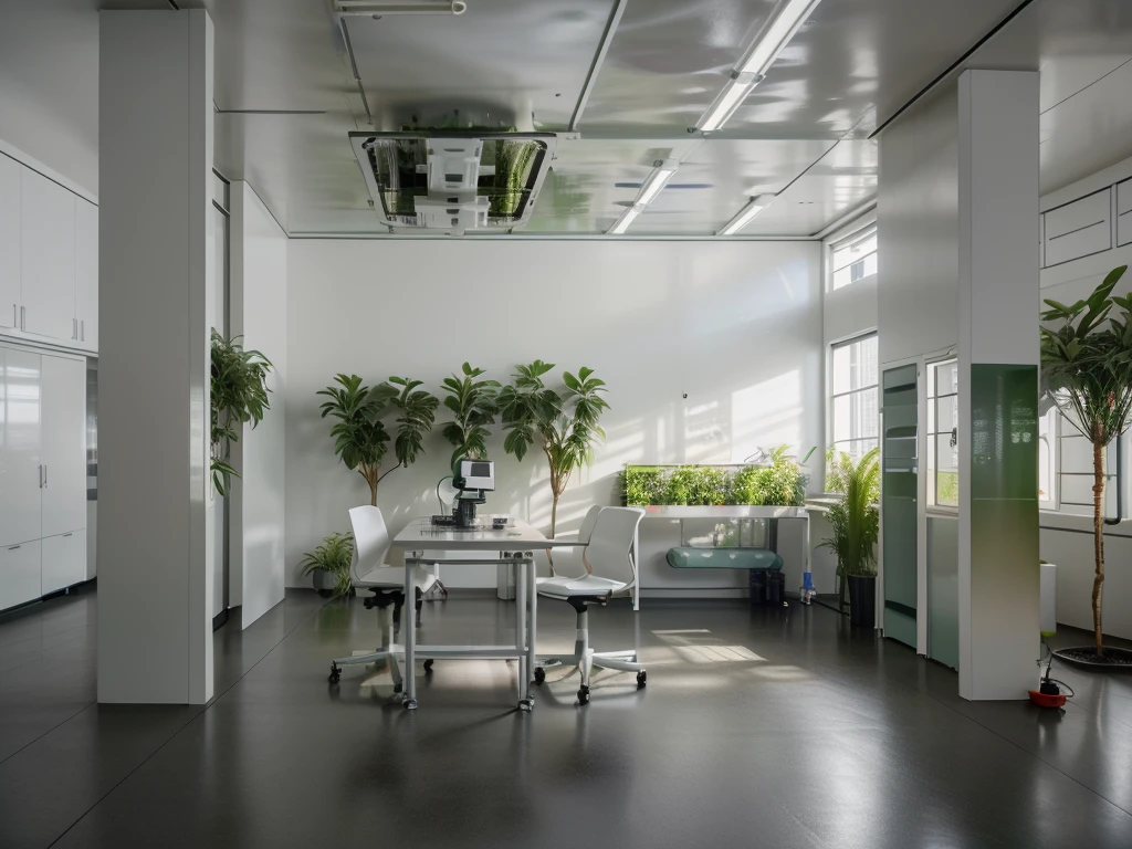 minimalist panoramic shot of a interior lab mixing technology and a subtle garden design, ultra realist, amazing design, Interior design, lab design, industrial design, photography, cinematic, Kinematic lighting, ecological colors, ecology laboratory, environmental technology, computers with AI and chemical simulation software, horizontal framing, a little futuristic, Artistic Image, artistic photography, 8K, detailed, highy detailed, ecological laboratory, science, environmental technology