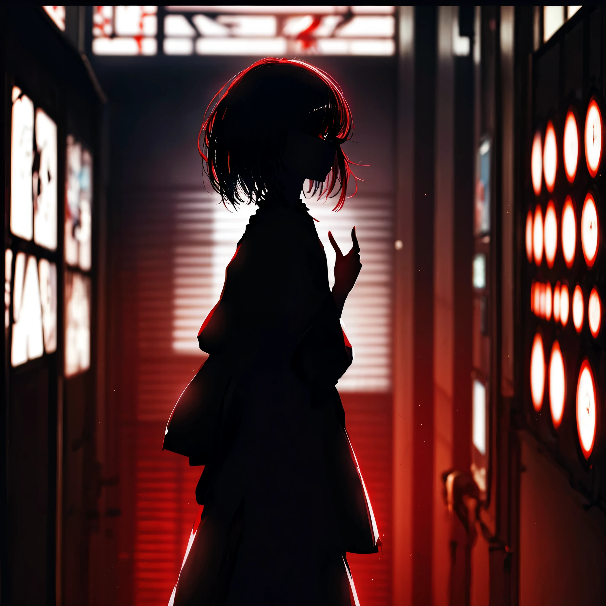 a masterpiece, a woman with red eyes stands in front of a window, beautiful eyes are visible on a large monitor screen in the background, a girl in the center, a silhouette of a girl in the center, red lighting, red eyes, blood, detailed, luminous, dim room, lighting from screens, monitor panels that depict girls, on monitor panels eyes are visible, many eyes.
