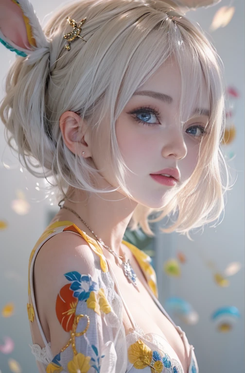 28 years old, Close-up portrait of a woman in a colorful clown costume、Shoulder out、thin、Serious expression、Short-haired、Deadly position, Gorgeous Necklace, Light milky porcelain skin, Smooth, Translucent white skin, Enchanting anime girl, Beautiful and seductive anime woman, Ultra realistic sweet bunny girl, Pale porcelain white skin, Smooth, Realistic and perfect body, Anime Girl Cosplay, Perfect body with realistic shadows, Switzerland&#39;masterpiece