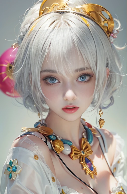 28 years old, Close-up portrait of a woman in a colorful clown costume、Shoulder out、thin、Serious expression、Short-haired、Deadly position, Gorgeous Necklace, Light milky porcelain skin, Smooth, Translucent white skin, Enchanting anime girl, Beautiful and seductive anime woman, Ultra realistic sweet bunny girl, Pale porcelain white skin, Smooth, Realistic and perfect body, Anime Girl Cosplay, Perfect body with realistic shadows, Switzerland'masterpiece