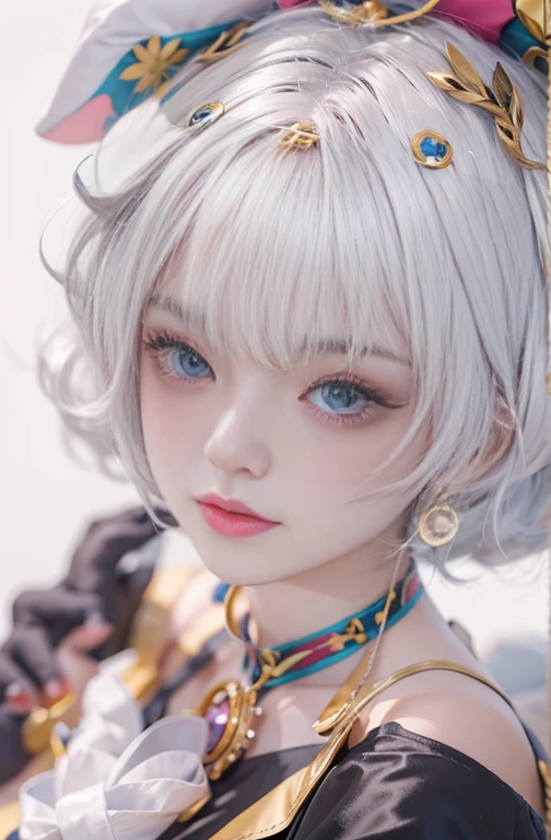 28 years old, Close-up portrait of a woman in a colorful clown costume、Shoulder out、thin、Serious expression、Short-haired、Deadly position, Gorgeous Necklace, Light milky porcelain skin, Smooth, Translucent white skin, Enchanting anime girl, Beautiful and seductive anime woman, Ultra realistic sweet bunny girl, Pale porcelain white skin, Smooth, Realistic and perfect body, Anime Girl Cosplay, Perfect body with realistic shadows, Switzerland'masterpiece