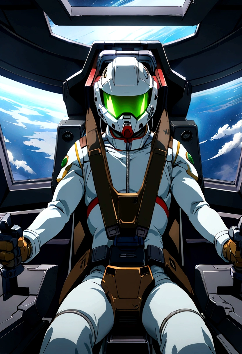 Amuro Ray piloting in the cockpit of his Gundam, gundamwingcockpit, (extremely detailed, best quality, extremely detailed CG, masterpiece:1.3), Transparent green face guard on white full-face helmet, one vertical red line in the center of the white space suit, One vertical red line in the center of the helmet, 1 boy, Boy piloting in the cockpit, Each hand holds a lever on either side of the body, thrust lever, Green 6-point seat belt, The boy's expression is serious as he peers through the face guard of his helmet, outer space, You can see the earth outside the window,