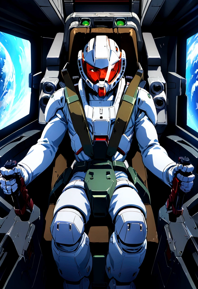 Amuro Ray piloting in the cockpit of his Gundam, gundamwingcockpit, (extremely detailed, best quality, extremely detailed CG, masterpiece:1.3), Transparent green face guard on white full-face helmet, one vertical red line in the center of the white space suit, One vertical red line in the center of the helmet, 1 boy, Boy piloting in the cockpit, Each hand holds a lever on either side of the body, thrust lever, Green 6-point seat belt, The boy's expression is serious as he peers through the face guard of his helmet, outer space, You can see the earth outside the window,