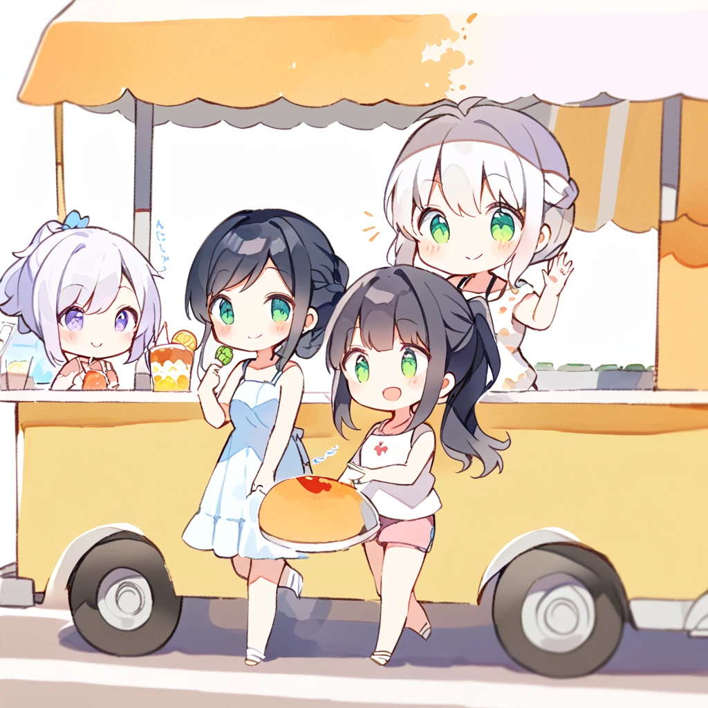 Watercolor painting, three girls, drinking tapioca in front of a food truck, one girl has short black hair, a tank top and shorts, the other girl has light purple braided hair and green eyes, a summer dress, smiling, a girl with silver hair in a ponytail approaches, smiling and waving,