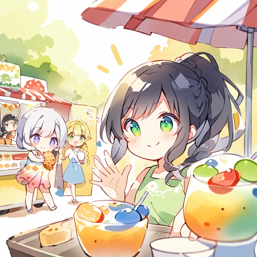 Watercolor painting, three girls, drinking tapioca in front of a food truck, one girl has short black hair, a tank top and shorts, the other girl has light purple braided hair and green eyes, a summer dress, smiling, a girl with silver hair in a ponytail approaches, smiling and waving,