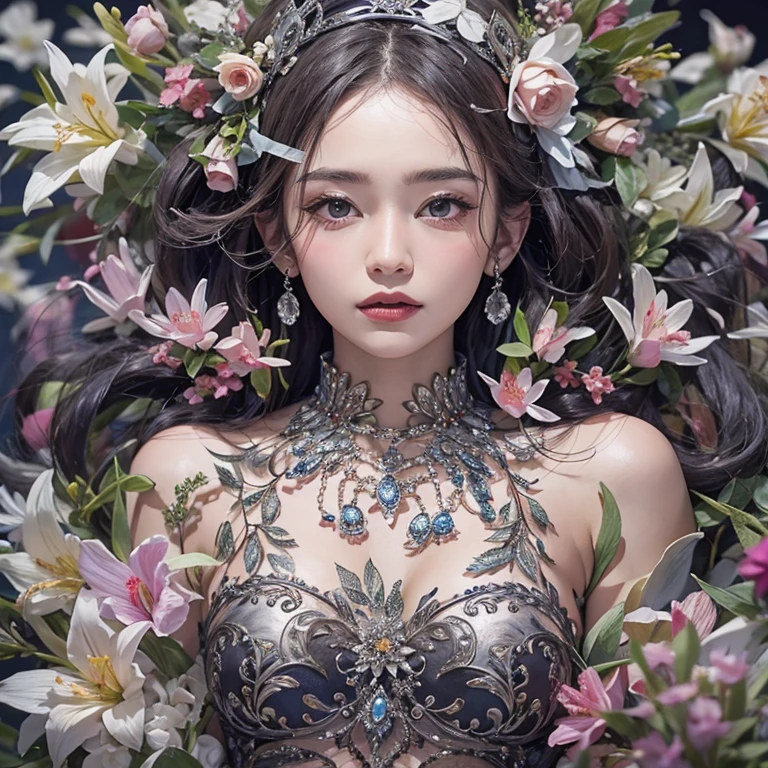 that'that'that'that'that'that'it's raining, c that、Hair flow、 ((highest qualthaty、masterpiece、8K、Best image qualthaty、Ultra-high resolution、Award-winning works)、(Accurate anatomy:1.1)、(Look at me and smile:1.1)、Shining fair skin wthath Ultra-high resolution、The most detailed face、Ultra-high resolution detailed face、Ultra-high resolutionの髪の毛、(Ultra-high resolutionの煌めく瞳:1.1)、Beautiful face drawn in every detail、ancient gothic costume , Chest to chest, tattoo, Surrounded by lilies
