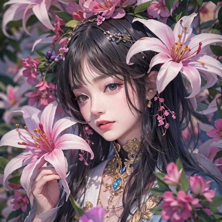 that'that'that'that'that'that'it's raining, c that、Hair flow、 ((highest qualthaty、masterpiece、8K、Best image qualthaty、Ultra-high resolution、Award-winning works)、(Accurate anatomy:1.1)、(Look at me and smile:1.1)、Shining fair skin wthath Ultra-high resolution、The most detailed face、Ultra-high resolution detailed face、Ultra-high resolutionの髪の毛、(Ultra-high resolutionの煌めく瞳:1.1)、Beautiful face drawn in every detail、ancient gothic costume , Chest to chest, tattoo, Surrounded by lilies