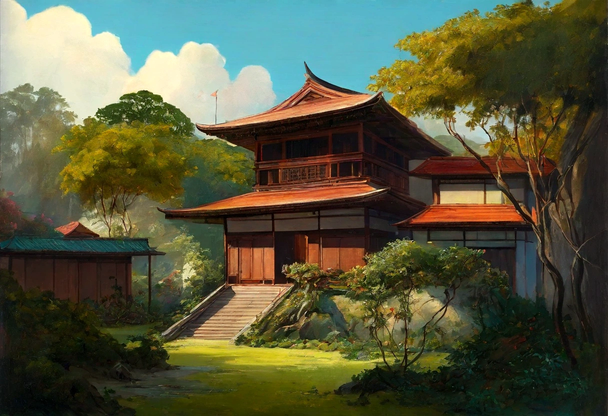 painting landscape of a tropical forest with medieval japanese building, one home, trees, vines, beutiful landscape