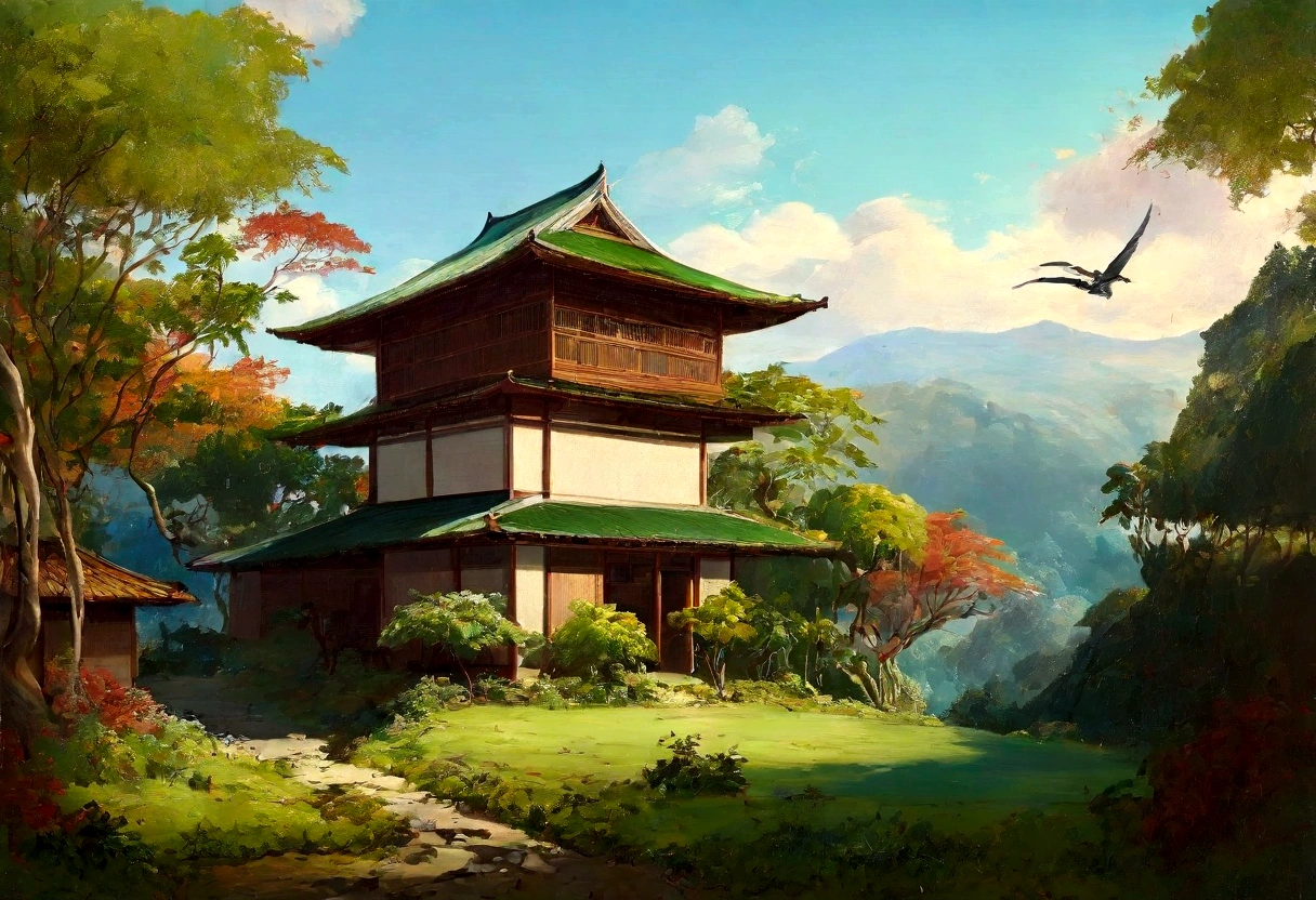 painting landscape of a tropical forest with medieval japanese building, one home, trees, vines, beutiful landscape