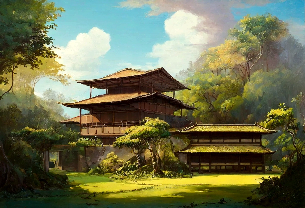 painting landscape of a tropical forest with medieval japanese building, one home, trees, vines, beutiful landscape