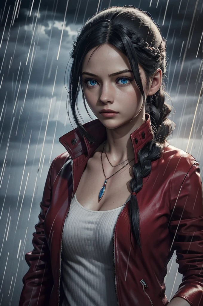 ClaireRedfieldR, 1girl, solo, jewelry, black hair, rain, blue eyes, red jacket, jacket, necklace, long hair, braid, realistic, upper body, breasts, parted lips, looking at viewer
