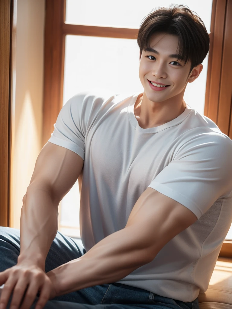 ((Highest quality, 8K, Masterpiece: 1.3))、Thailand Laos Burma Asia, Thai man, A handsome Asian rugby player with short hair, a muscular beard, and big muscles., 1A man who has、 yo、Good appearance、Beautiful nose、smile、 Detailed eyes and face、beautiful light、(studio)、high resolution、(Look at the viewer.)、Fine mouth、smile、whole body: 1.5, perfect shape: 1.3, Picture of both shoulders:1.3, Navy blue round neck t-shirt:1.5